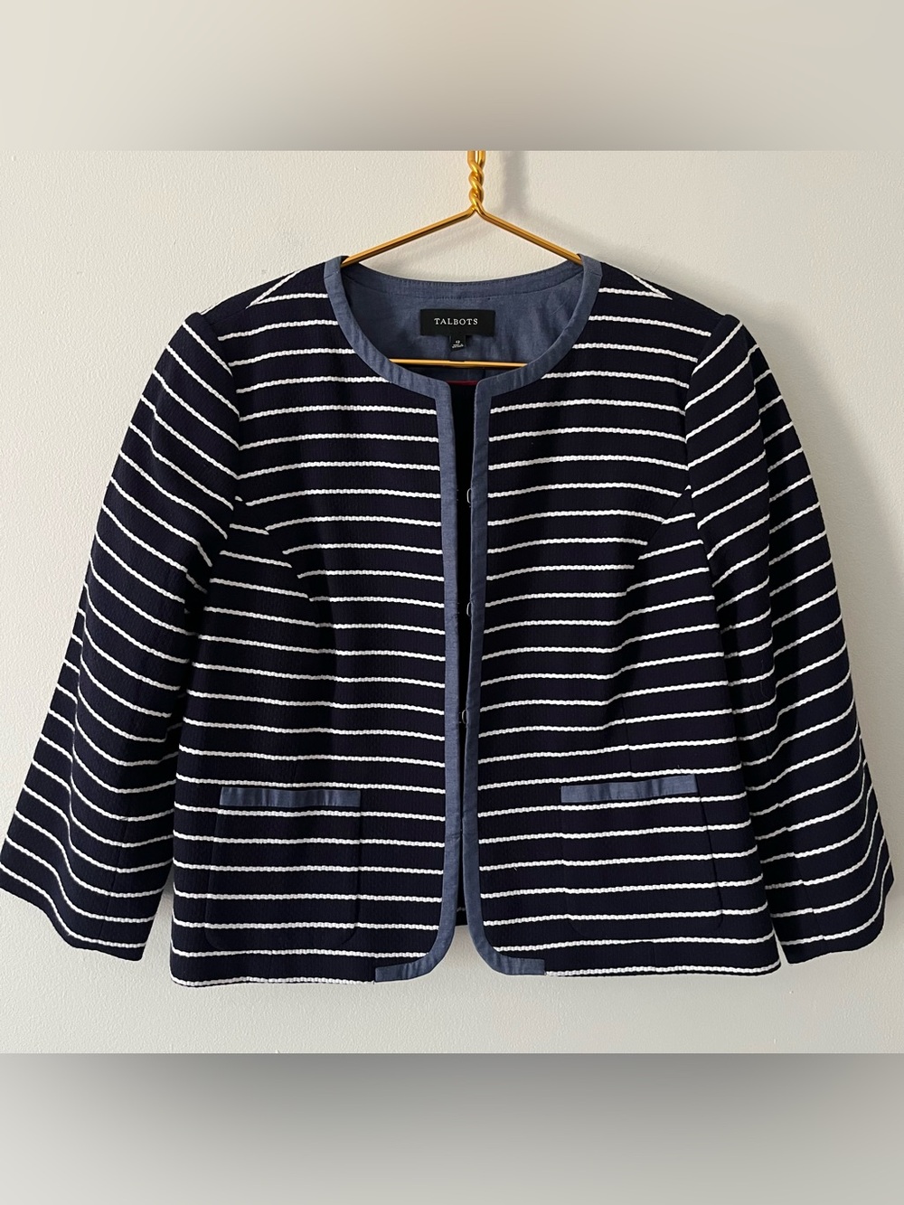 Talbots Navy & White Striped Textured Cotton Cropped Jacket Preppy Sporty Sz 12
